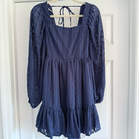 NWT LULUS Only You and I Navy Blue Long Sleeve Tie-Back Mini Skater Dress M - Picture 5 of 10